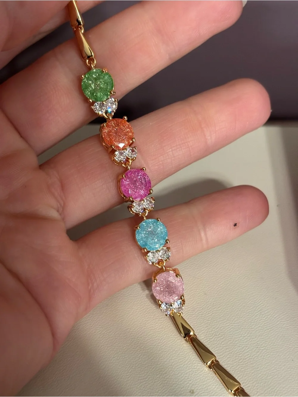 Gold-Tone Bracelet with Pink, Blue, Peach & Green Druzy Stones